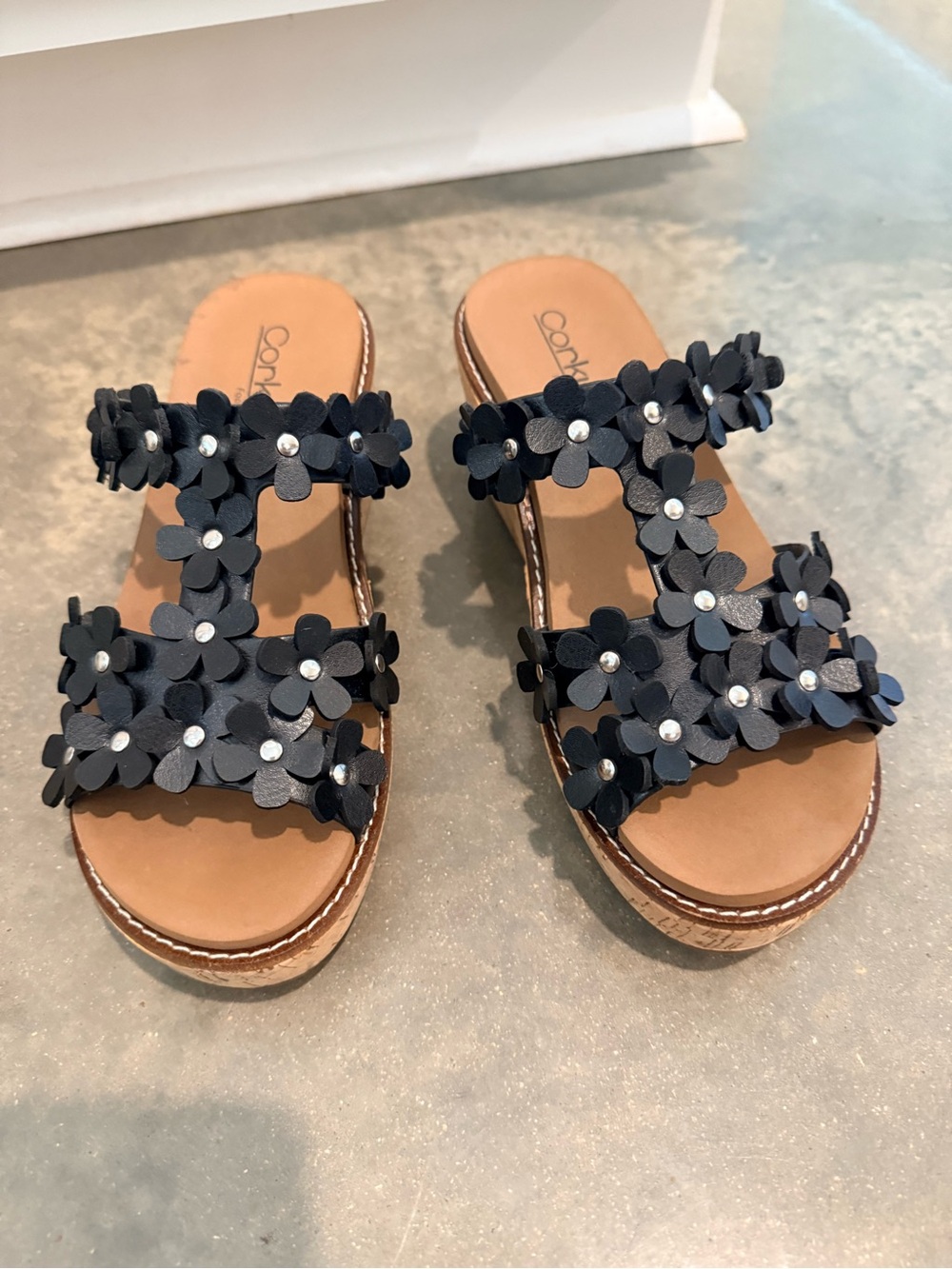 Corkys Black Floral Appliqué Slide Sandals